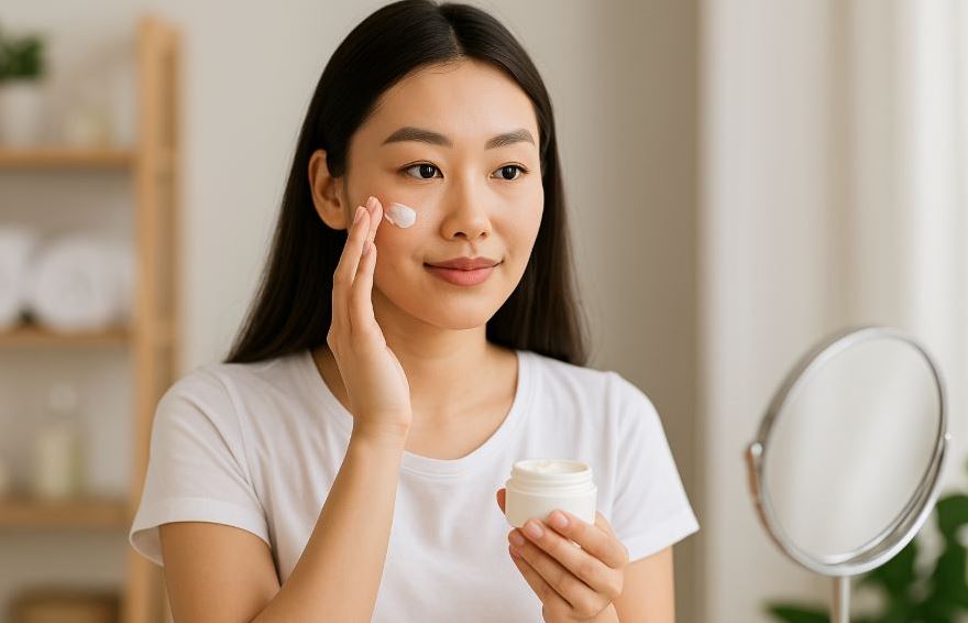 Jeune femme coréenne souriante appliquant de la crème hydratante devant un miroir, ambiance minimaliste et naturelle.