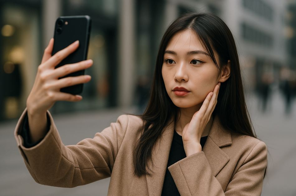 Selfie d’une jeune femme coréenne dans une rue urbaine, vêtue d’un manteau beige et arborant un maquillage naturel
