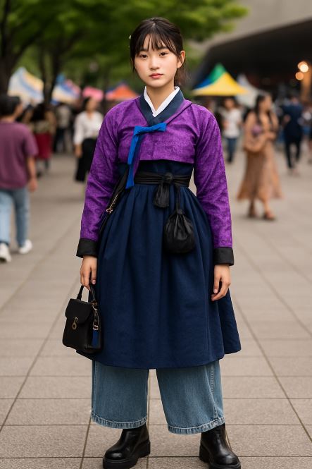 Jeune femme en hanbok modernisé avec jean et bottes lors d’un festival en Corée du Sud