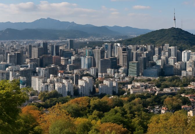 Vue panoramique de Séoul avec la Namsan Tower et les montagnes de Bukhansan en arrière-plan