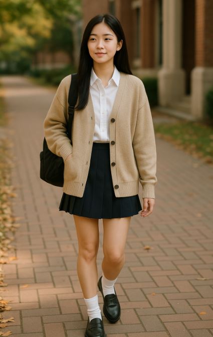 fille portant une tenue de type style universitaire coréen
