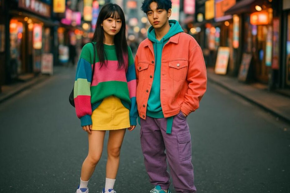 Deux jeunes en tenues colorées de style streetwear coréen posent dans une rue animée de Séoul le soir.