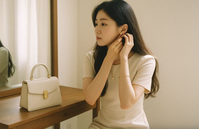 femme coréenne assise à une coiffeuse mettant ses boucles d’oreilles dorées avec un sac à main beige posé à côté