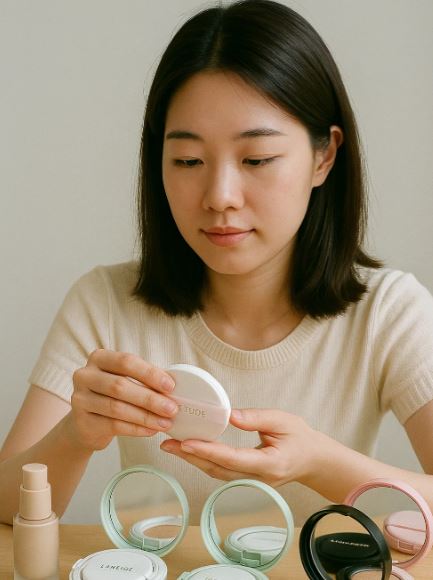 Femme testant plusieurs cushions coréennes de marques comme Laneige, Etude et Hera sur une table de maquillage