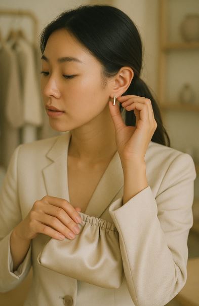 femme coréenne en blazer beige ajustant sa boucle d’oreille tout en tenant une pochette assortie