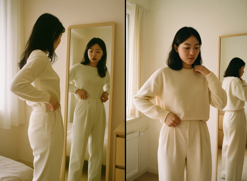 femme coréenne portant un ensemble beige monochrome devant un miroir dans une chambre lumineuse, style minimaliste coréen