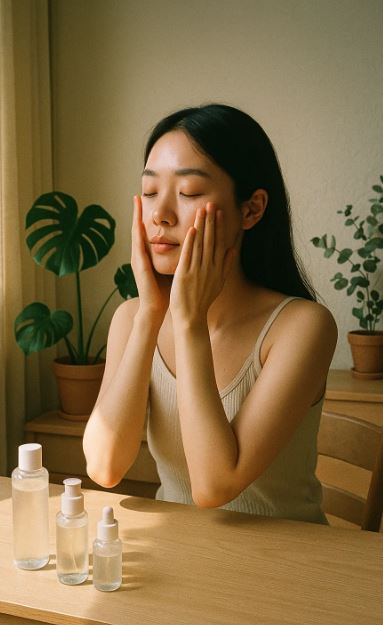 Femme appliquant des soins du visage coréens dans une ambiance naturelle et apaisante