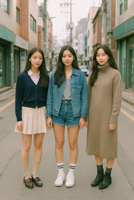 trois jeunes femmes coréennes posant dans une rue de Séoul, chacune portant un style vestimentaire différent : preppy, casual et minimaliste.