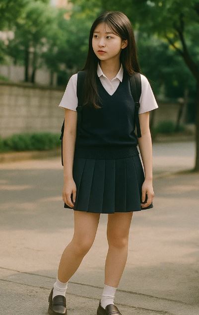 Jeune femme portant un uniforme scolaire coréen composé d’un gilet sans manches, d’une chemise blanche et d’une jupe plissée bleue marine.