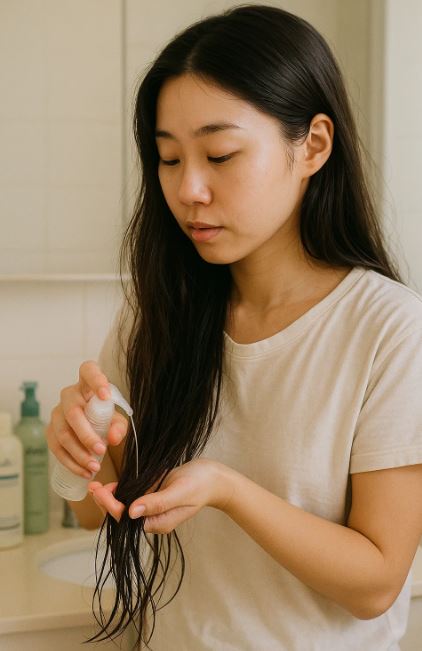 femme faisant une routine capilaires coreenne