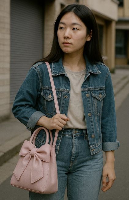 Femme coréenne en tenue casual avec un sac à ruban rose pastel dans une rue de Séoul, style K-fashion tendance 2025