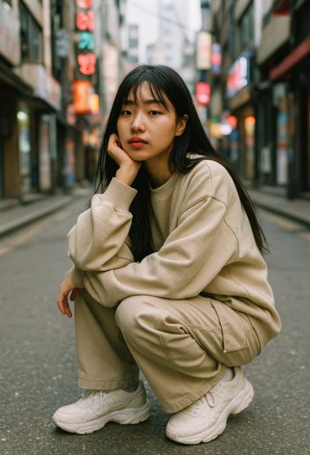 Jeune femme coréenne en tenue beige streetwear accroupie dans une rue urbaine de Séoul