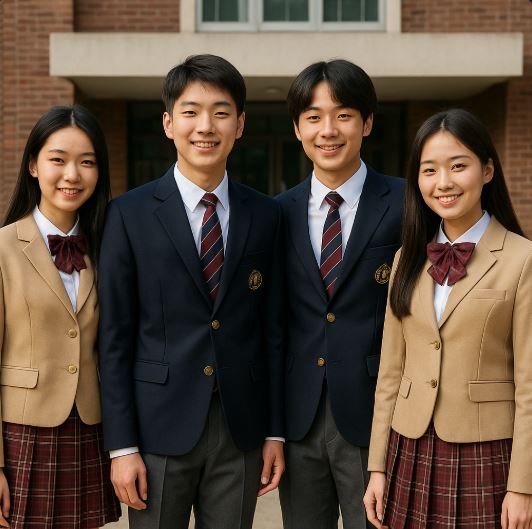 Quatre lycéens coréens portant des uniformes scolaires traditionnels posent devant un bâtiment en briques, illustrant la mode scolaire en Corée du Sud.