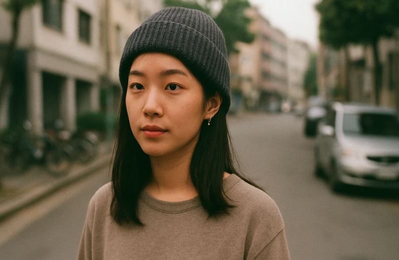 associer un bonnet coréen avec des boucles d’oreilles