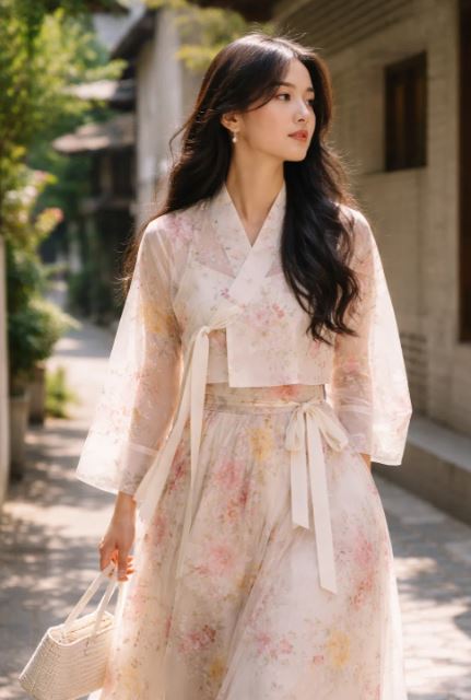 femme asiatique portant Motifs floraux sur robe coréenne