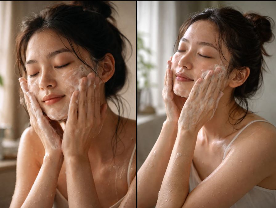 femme utilisant savon visage coréen dans sa routine soin