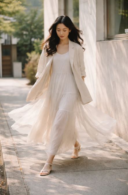 photo femme portant une tenue coreenne tissu fluide