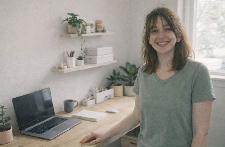 Je pose debout à côté de mon coin bureau coréen minimaliste, lumineux et organisé, avec bureau en bois clair, plantes vertes et lumière naturelle.