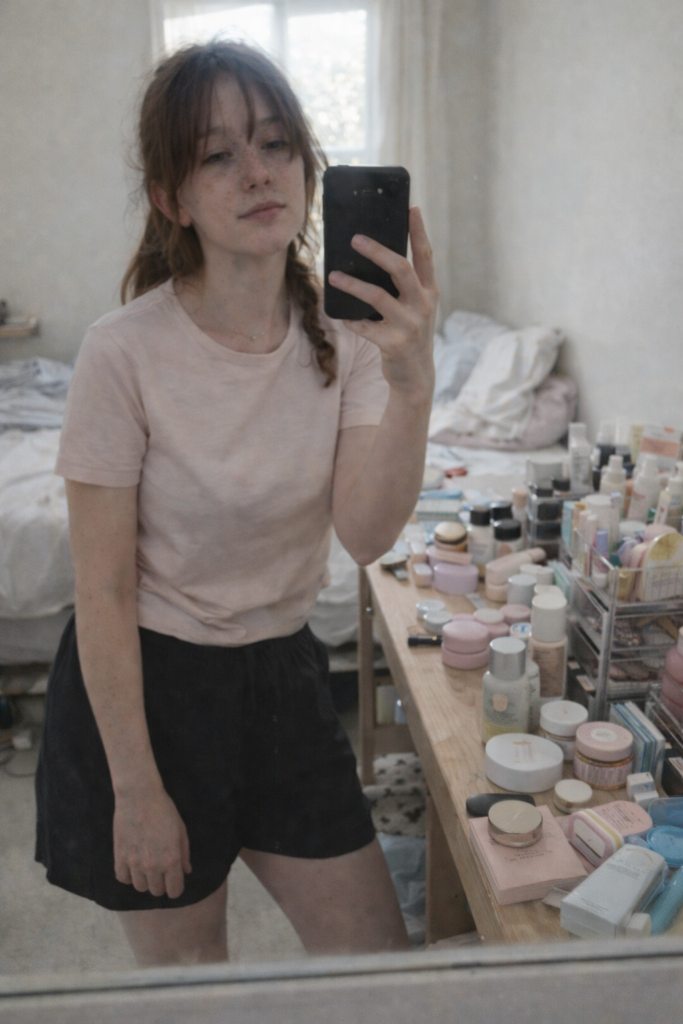 Jeune femme de 23 ans prenant un selfie flou dans sa chambre, devant une coiffeuse encombrée de cosmétiques coréens, lumière naturelle, scène du quotidien.