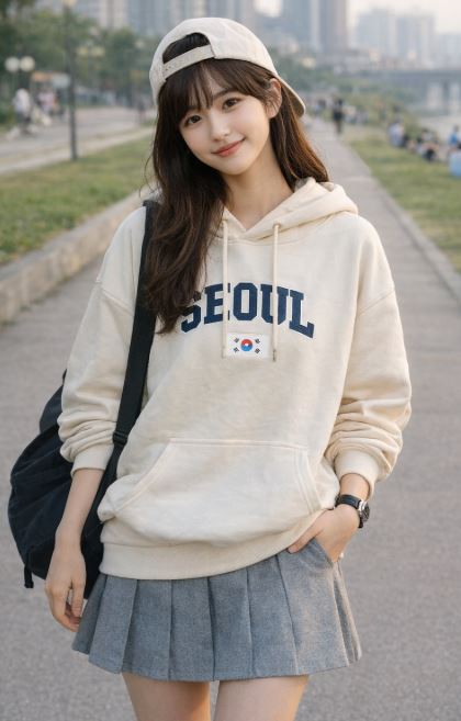 Jeune femme portant un sweat coréen oversize dans un parc urbain à Séoul, style K-fashion naturel et décontracté