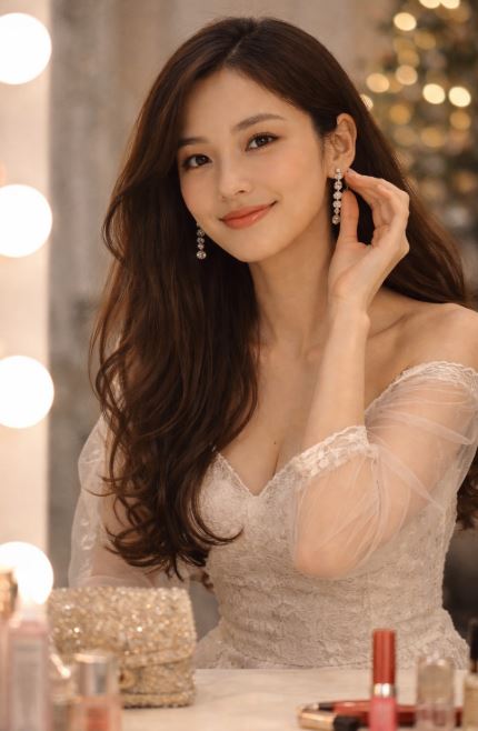 Jeune femme coréenne en tenue élégante ajustant une boucle d’oreille devant un miroir, dans une ambiance chaleureuse et festive.