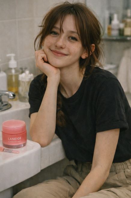 Jeune femme en tenue casual dans une salle de bain, assise près du lavabo avec un pot de soin lèvres Laneige, ambiance naturelle et amateur style 2010.