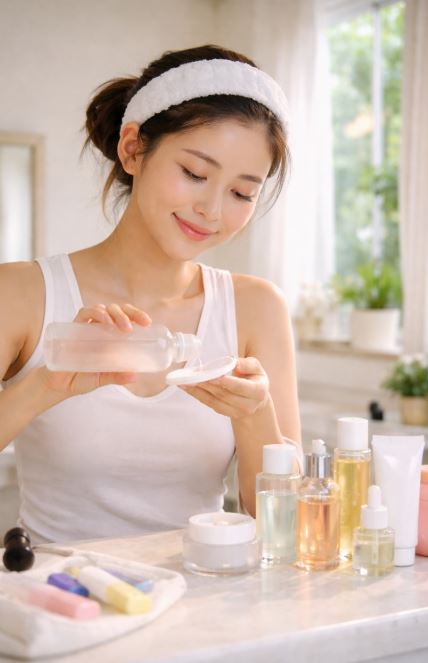 Jeune femme appliquant un toner lors de sa routine beauté du matin selon la K-Beauty, ambiance naturelle et style amateur