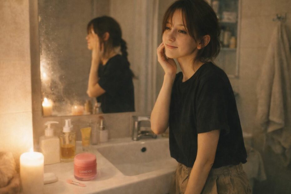Jeune femme devant un lavabo dans une salle de bain tamisée, appliquant un soin visage avec un pot de baume lèvres coréen posé près du miroir, ambiance cocooning.