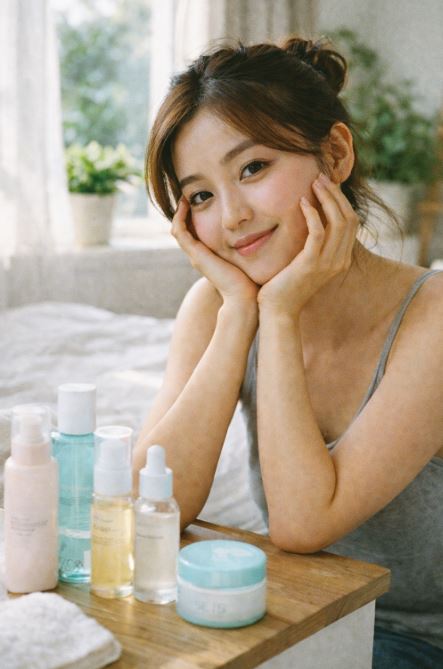 Jeune femme appliquant sa routine de soins coréens pour peau mixte dans une chambre lumineuse, ambiance lifestyle naturelle et décontractée.