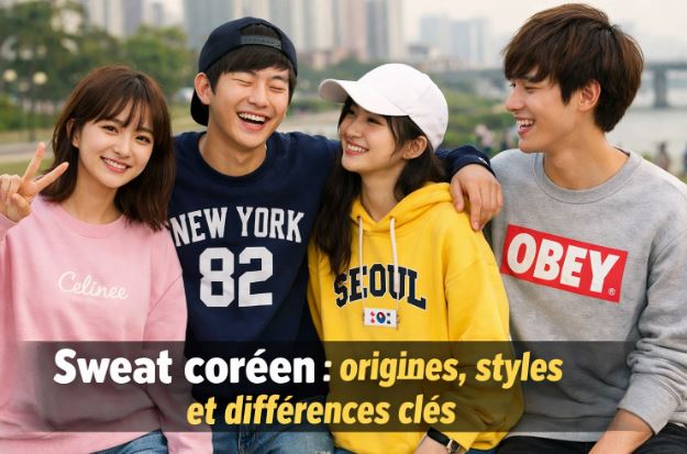 Jeunes portant des sweats coréens dans une rue de Séoul, style casual urbain, ambiance naturelle et spontanée