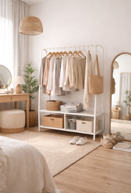 Dressing coréen minimaliste avec portant blanc, vêtements neutres, miroir sur pied et décoration naturelle dans une chambre lumineuse.