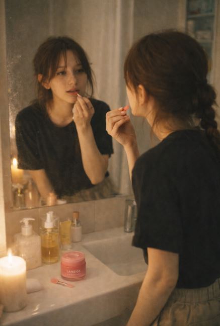 Jeune femme dans une salle de bain tamisée, appliquant un soin pour les lèvres devant le miroir, ambiance cocooning et naturelle inspirée de la K-Beauty.