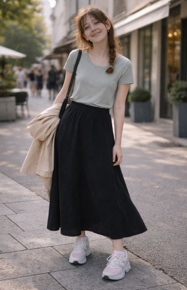 Jeune femme portant une jupe longue noire et des baskets coréennes, marchant en ville avec une allure naturelle, illustrant un style K-fashion du quotidien.