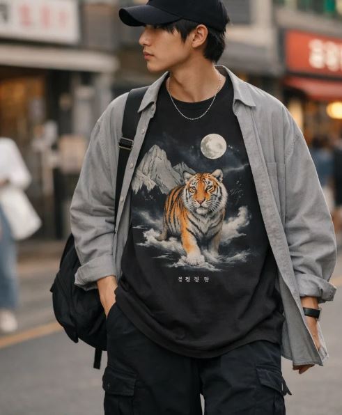 T-shirt graphique coréen blanc avec illustration paysage et soleil rouge porté dans un look streetwear minimal en ville