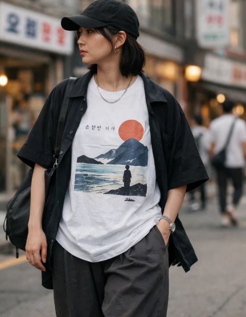 T-shirt graphique coréen noir avec illustration de tigre et lune porté dans une tenue streetwear urbaine