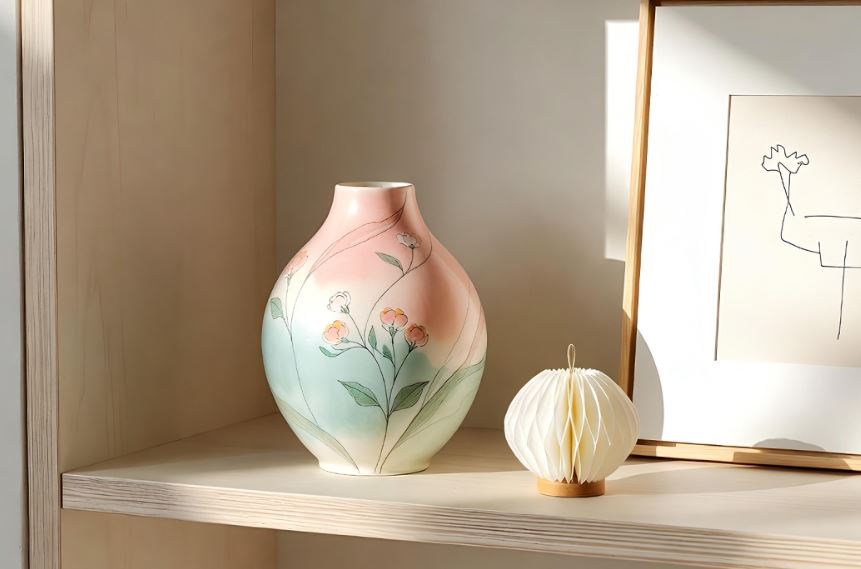 vase décoratif pastel style décoration coréenne minimaliste avec lampe papier et cadre artistique