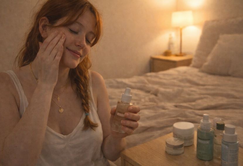 femme rousse appliquant un sérum visage le soir dans une chambre minimaliste coréenne avec lumière douce