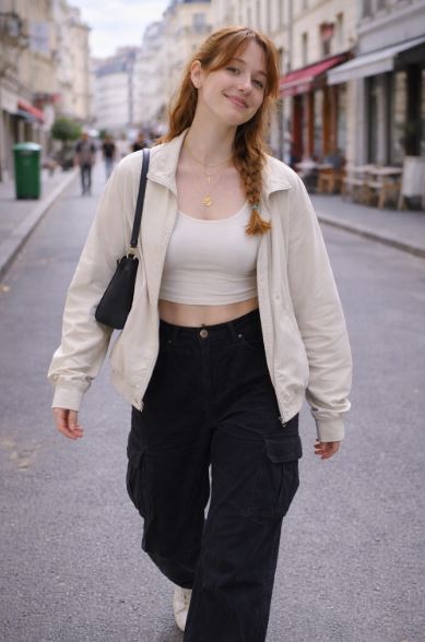 femme assise en terrasse au soleil tenue été streetwear casual photo plein pied