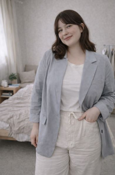 femme tenue fluide blazer lin pantalon taille haute style coréen naturel