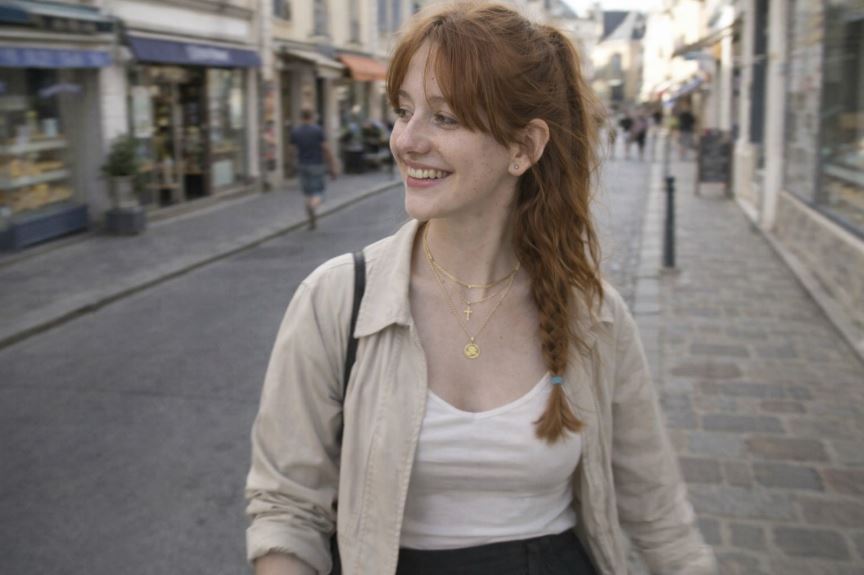 jeune femme rousse style coréen casual marche rue européenne tenue k fashion naturelle