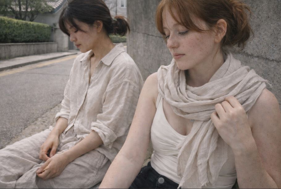 photo femme portant un  foulard en lin coréen