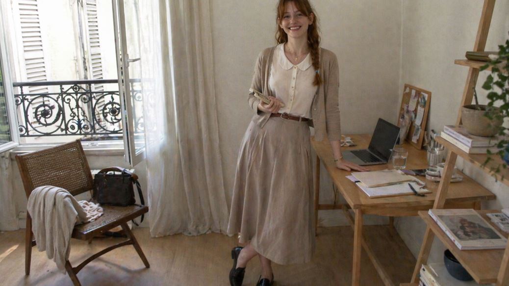 look gamine chic bureau avec chemise col claudine jupe midi et mocassins