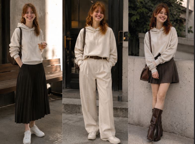 Jeune femme portant un hoodie coréen beige avec différentes tenues féminines inspirées de la K-fashion été automne