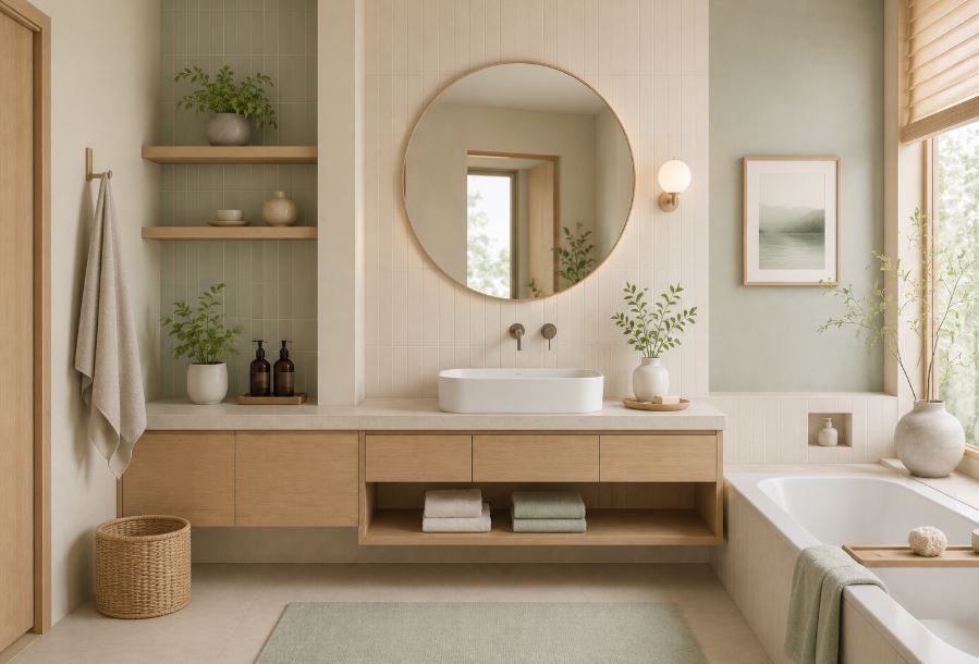 Salle de bain inspirée de la décoration coréenne avec miroir rond, meuble en bois clair, teintes beige et vert sauge, lumière naturelle et ambiance zen.