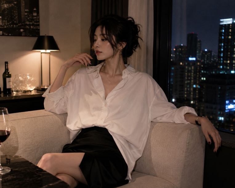 femme coréenne assise portant une chemise oversize coréenne