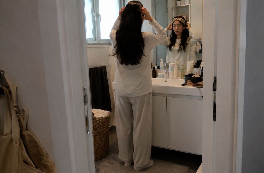 Jeune femme asiatique ajustant un bandeau beige sur ses longs cheveux devant le miroir de sa salle de bain