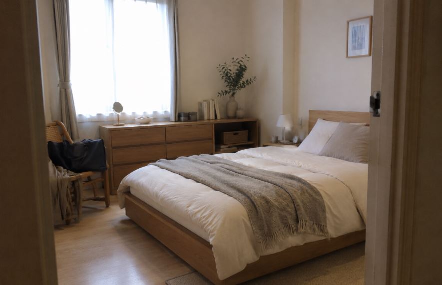 Chambre d’amis coréenne avec lit bas, commode compacte et mobilier en bois clair